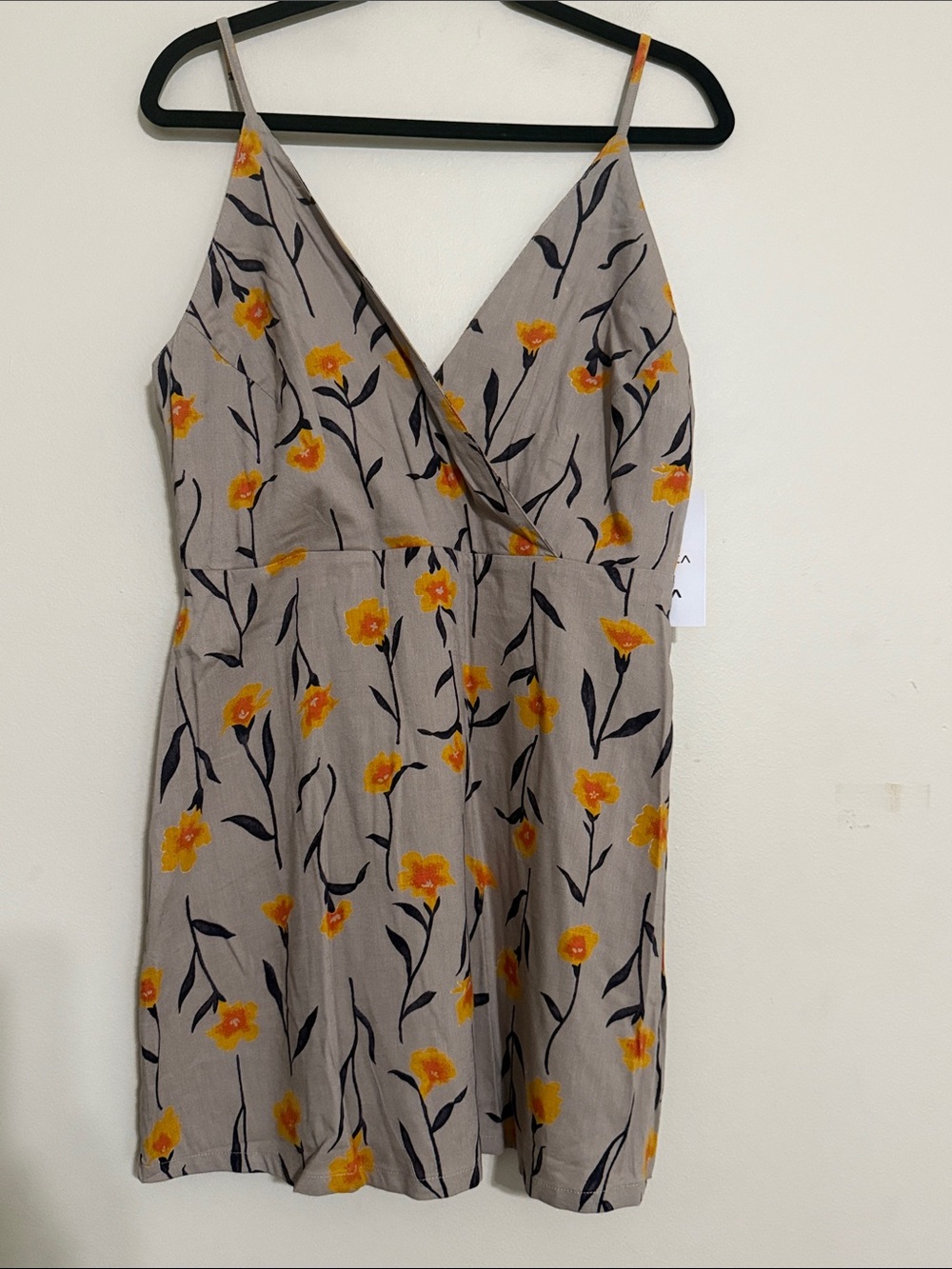 RVCA Taupe Floral Spaghetti-Strap Mini Dress-women Yellow Blooms L festival fall